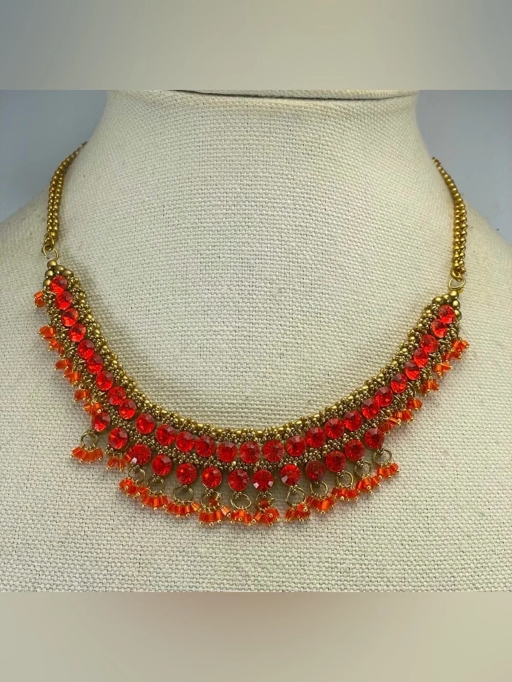 Vintage Gold Tone Beaded Chain Orange Rhinestone Collar Necklace Evening Formal